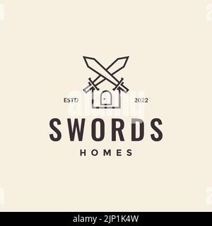 cross swords home line hipster logo Stock Vector