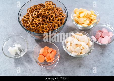 Easter Chocolate Covered Pretzel Bunnies and Ducklings Stock Photo