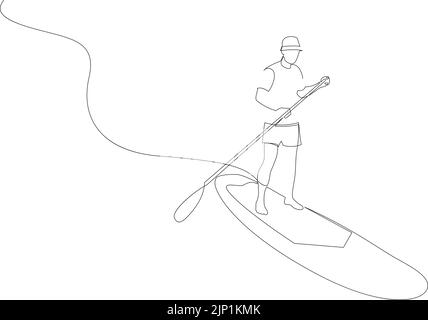 Continuous line man standing on paddle board. Vector illustration Stock Vector