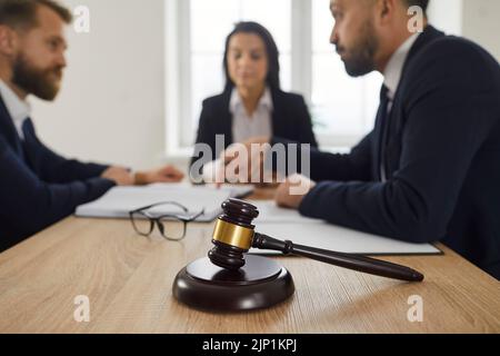 Partners talk discuss deal at lawyer office Stock Photo