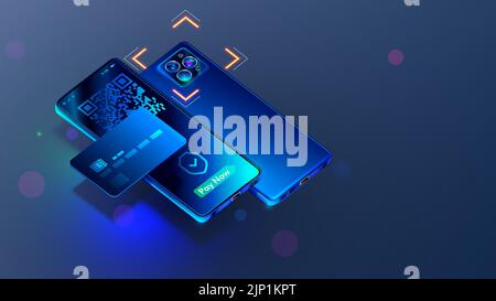 Phone scan QR code for pay. Mobile smartphone scanning data of product qr code for contactless banking payment. Mobile bank phone app for cashless Stock Vector