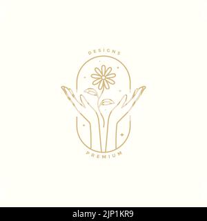 woman hands hope with flowers line logo Stock Vector