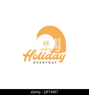 sunset wave with coconut tree logo design Stock Vector
