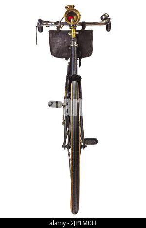 Retro styled image of a nineteenth century bicycle with lantern isolated on a white background Stock Photo
