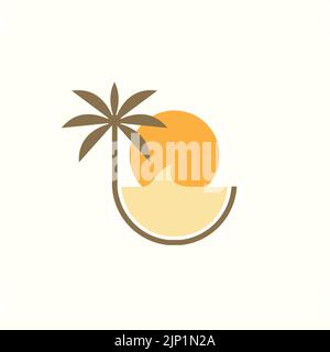 aesthetic sunset wave coconut tree logo design Stock Vector