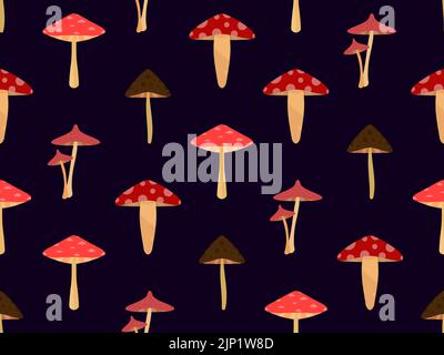 Seamless pattern with mushrooms on black background. Various mushrooms, edible and toadstools. Hallucinogenic fly agaric. Design for banners and promo Stock Vector