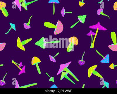 Psychedelic mushrooms seamless pattern. Acid trip, bright colorful mushrooms in the style of the 80s. Trippy magic mushrooms. Design for posters, bann Stock Vector