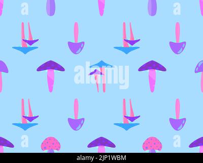 Seamless pattern with mushrooms. Various mushrooms. Wallpaper with purple and turquoise mushrooms. Design for banners and promotional items. Vector il Stock Vector