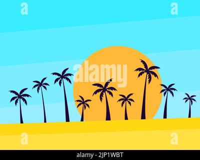 Palm trees against the backdrop of the sun. Beach landscape with palm trees in a minimalist style. Black silhouettes of palm trees. Design for banners Stock Vector
