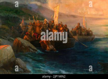 The disembarkation of Christopher Columbus with companions on three launches on Friday 12th October 1492 at Sunrise on an American Island named San Salvador by him on the very same day, painting in oil on canvas by Ivan Aivazovsky, 1892 Stock Photo