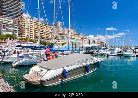 Monte Carlo, Monaco - August 15, 2018: Luxury yachts are in Port Hercule of Monte Carlo Stock Photo