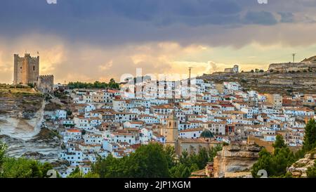 Alcala del Jucar, Spain. Picturesque and touristy white village with castle and church declared a Historic-Artistic Site.located in the community of c Stock Photo