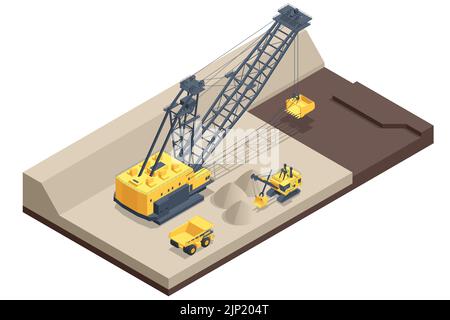 Isometric mining quarry, mine with large quarry dump truck and dragline excavator. Coal mine. Equipment for high-mining industry, Mining clay in Stock Vector
