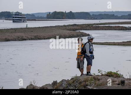 Bingen, Germany. 15th Aug, 2022. Walkers get an impression of the low water on the Rhine near Bingen. After weeks of drought, water levels on the Rhine have reached historic lows. If the water levels continue to fall, shipping is in danger of coming to a standstill. Credit: Boris Roessler/dpa/Alamy Live News Stock Photo