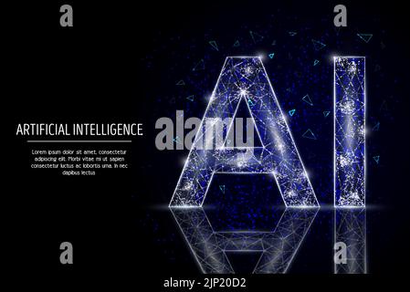 AI letters low poly wireframe mesh made of points, lines and shapes. Vector polygonal art style design. Artificial intelligence poster banner template Stock Vector
