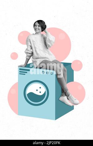 Collage photo of young attractive smiling happy woman sitting washing machine abstract bubbles clean isolated on white color background Stock Photo