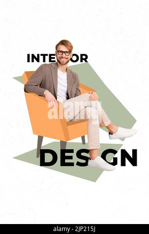 Vertical collage picture of positive guy sitting chair interior design text isolated on painted creative background Stock Photo