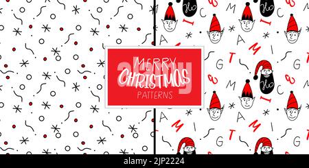 Merry Christmas set of seamless pattern with head elf and Santa Claus. The xmas black and red vector illustration in doodle art style. Trendy hand Stock Vector