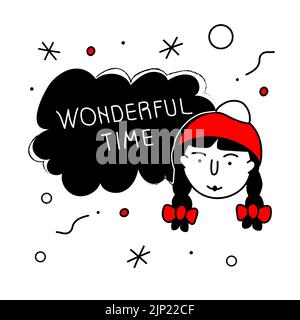 Merry Christmas avatars head, face of girl and lettering WONDERFUL TIME . The xmas black and red vector illustration in doodle art style. Trendy hand Stock Vector