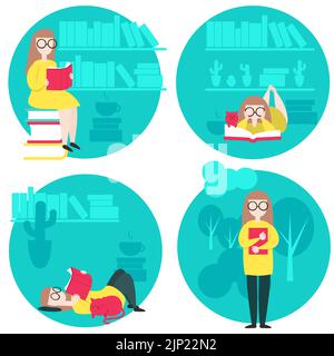 Young woman reading book while sitting, standing, lying at home and outside. Vector illustration in flat style. Stock Vector