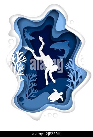 Vector paper cut underwater sea cave with coral reef fish seaweed and diver swimming with sea turtle and sharks. Underwater world landscape. Scuba div Stock Vector