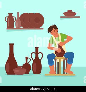 Young potter making clay pot on pottery wheel at pottery workshop or studio. Vector illustration in flat style. Craft hobby and handmade ceramics conc Stock Vector