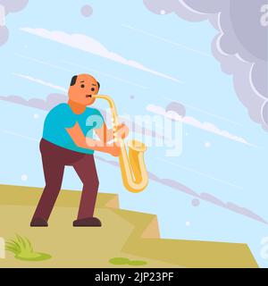 Musician playing saxophone in the street. Vector illustration in flat style. Street musician sax player. Music hobby concept design element Stock Vector