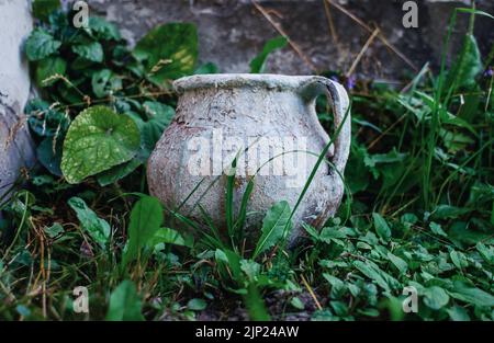 Front view of  ancient jug in grass. An old vessel. Rural landscape. Archeology. Stock Photo