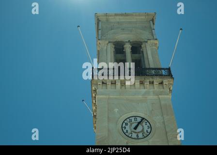 Close up view of Clock Tower on the island of Hydra in Greece Stock Photo