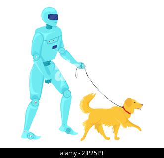 Robot assistant walking dog vector flat icon isolated on white background. AI robotic machine working daily routine chores illustration. Artificial in Stock Vector