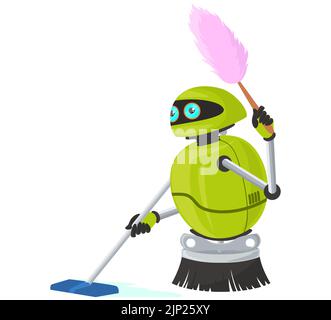 Robot assistant cleaning floor vector flat icon Stock Vector