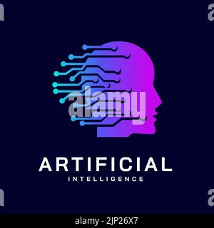 Artificial Intelligence logo,human face,Electronic circuit grid. Dynamic line and point symbol with human head. Virtual Assistant service icon. Machin Stock Vector