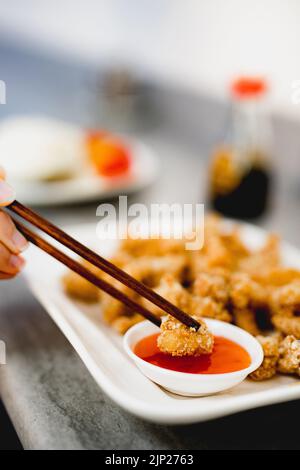 fried, chopsticks, chicken, sweet sour, chicken nuggets, süß-sauer-sauce, frieds, chopstick, chickens, sweet-sours Stock Photo