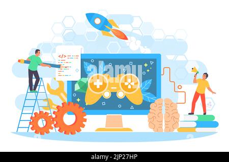 Game developer team working on digital design Stock Vector