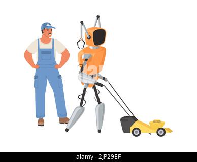Robot assistant help to mow lawn vector illustration Stock Vector