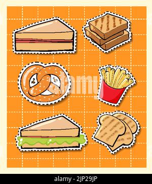 Mixed food cartoon sticker on grid background illustration Stock Vector