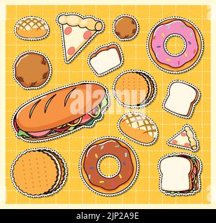 Mixed food cartoon sticker on grid background illustration Stock Vector