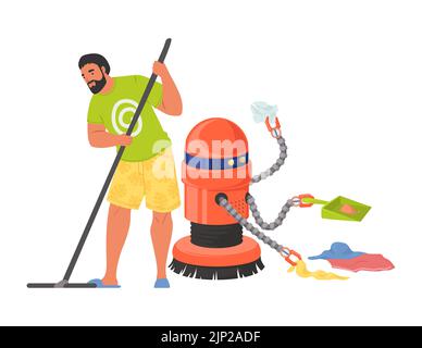Robot assistant helping man to clean house vector Stock Vector