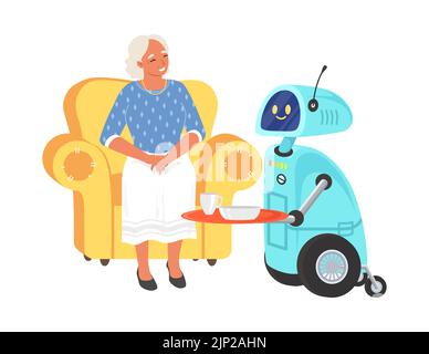 Robot assistant serving food for elderly woman Stock Vector