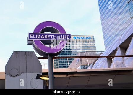 A view of the Elizabeth Line Sign at Canary Wharf Underground Station ...