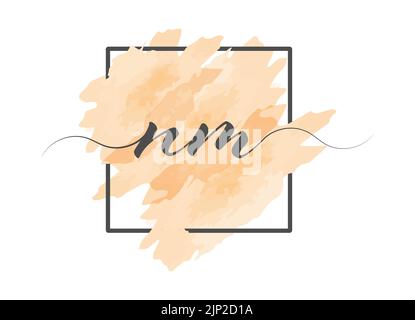 Calligraphic lowercase letters N and M are written in a solid line on a colored background in a frame Stock Vector