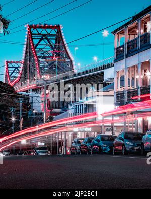A low angle view of Story Bridge in Brisbane, Australia at night, long exposure effect Stock Photo