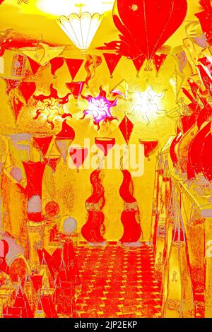 Abstract foto of maroccan lamp shop with red yellow handmade leather lanterns - Essaouira, Morocco Stock Photo