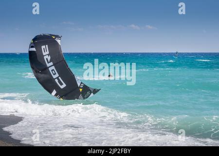 Kitesurfer in the sea of Agiokampos beach , Greece Stock Photo