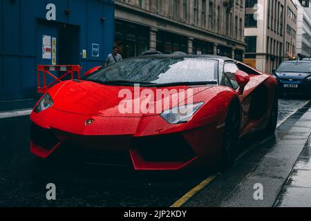 Lamborghini outside of 3 Savile Rd (The Beatles old office where they performed their rooftop concert) Stock Photo