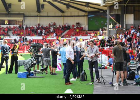 Media & press setting up ahead of the Premier League match between Nottingham Forest and West Ham United at the City Ground, Nottingham on Sunday 14th August 2022. (Credit: Jon Hobley | MI News) Stock Photo