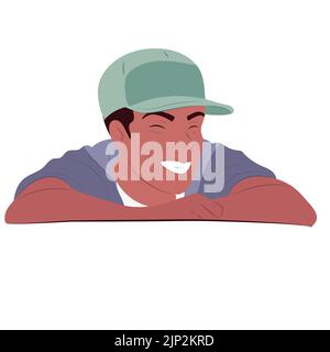 Laughing man in a cap on a white background. Avatar. Color flat vector illustration. Stock Vector