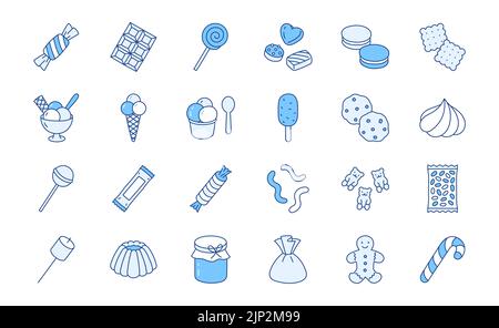 Sweets doodle illustration including icons - candy, chocolate biscuit, pastry, pudding, ice cream, desert, marshmallow, cracker. Thin line art about Stock Vector