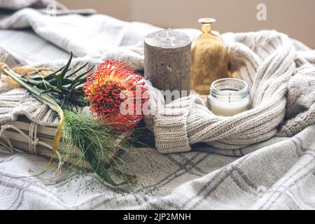 A cozy composition with a flower, candles and a knitted element in the bed. Stock Photo