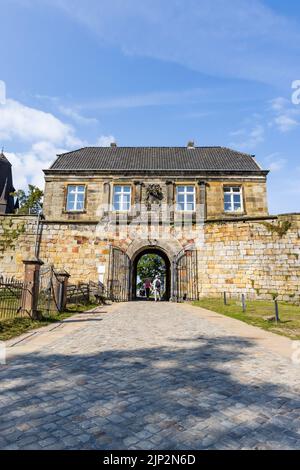 Bad Bentheim, Germany - August 25, 2021: Entrance of Bentheim Castle in Nordrhine Westfalen in Germany, Largest hilltop castle in northwestern Germany, Stock Photo